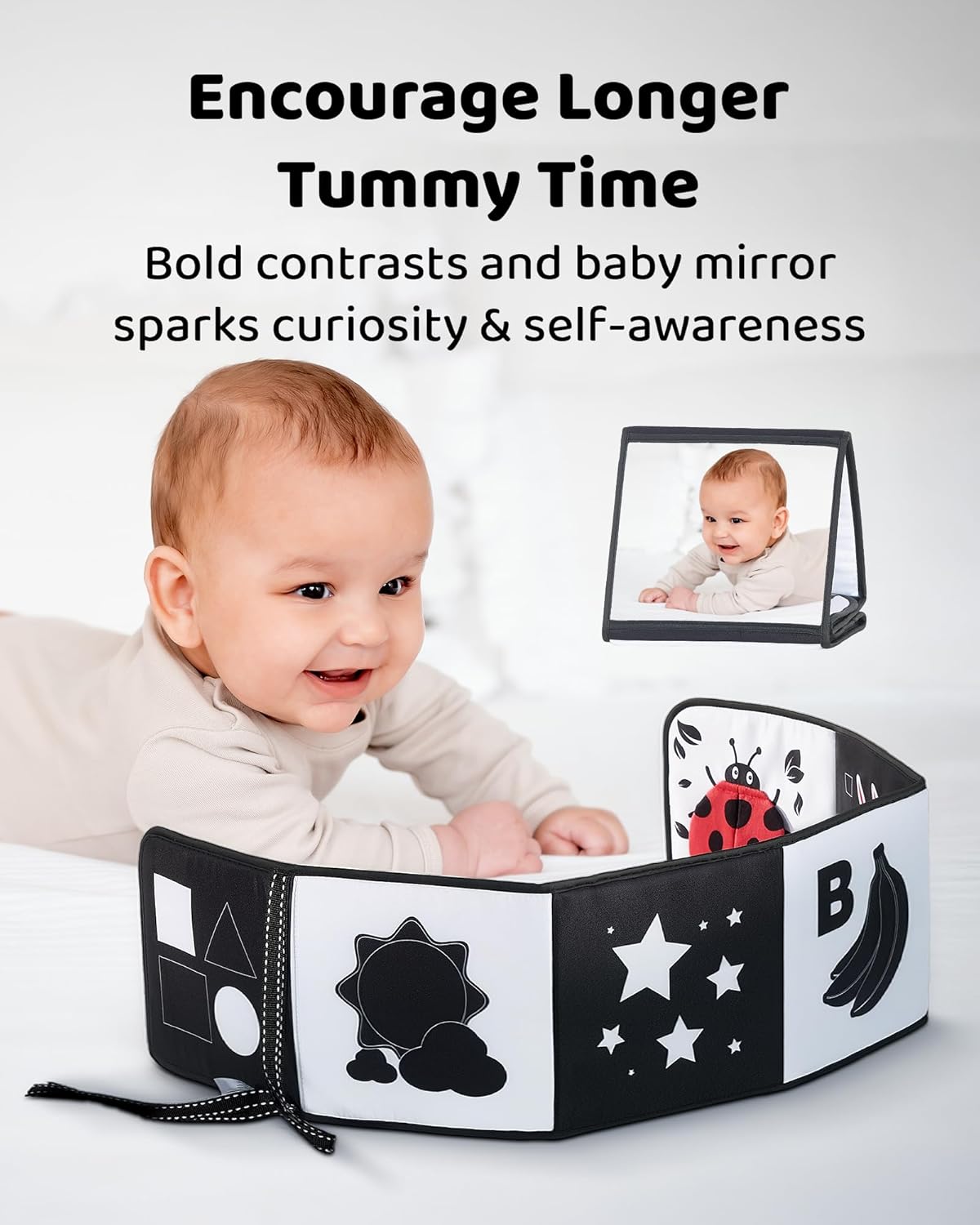 Black & White Soft Baby Book with Tummy Time Mirror