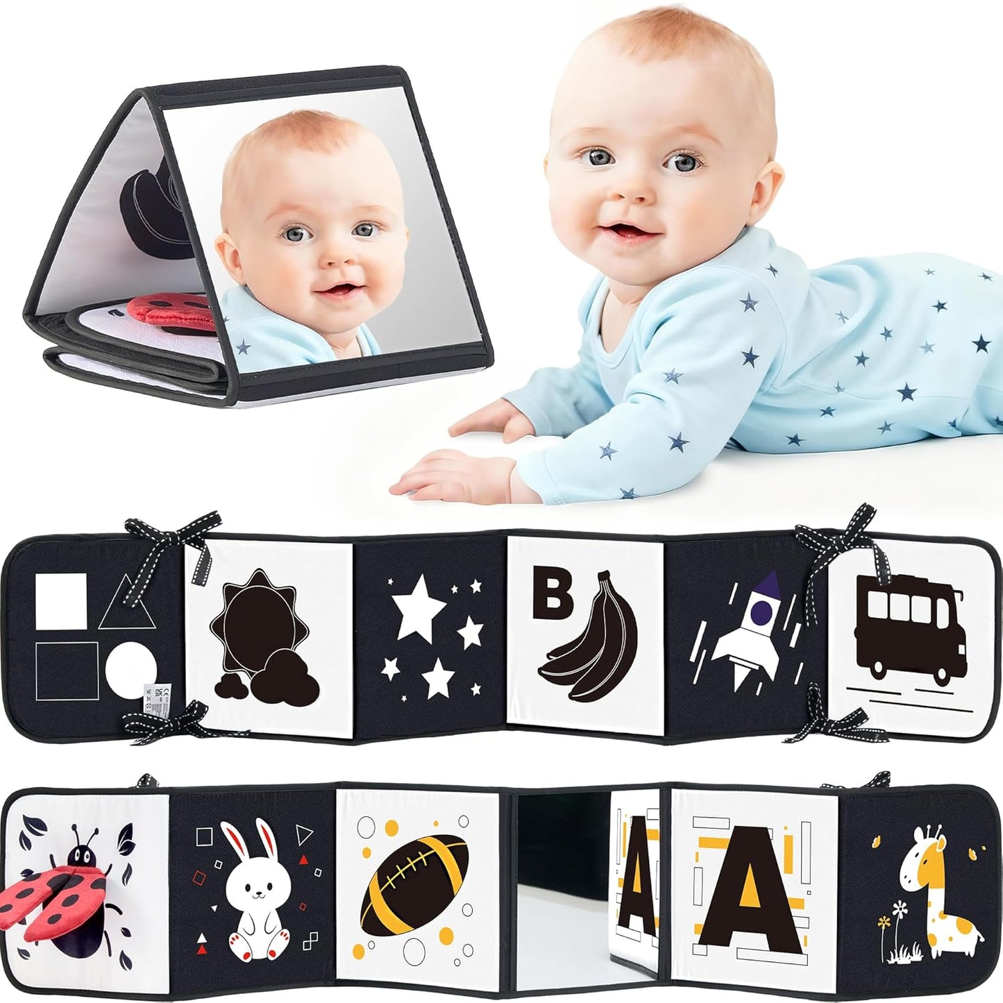 Black & White Soft Baby Book with Tummy Time Mirror